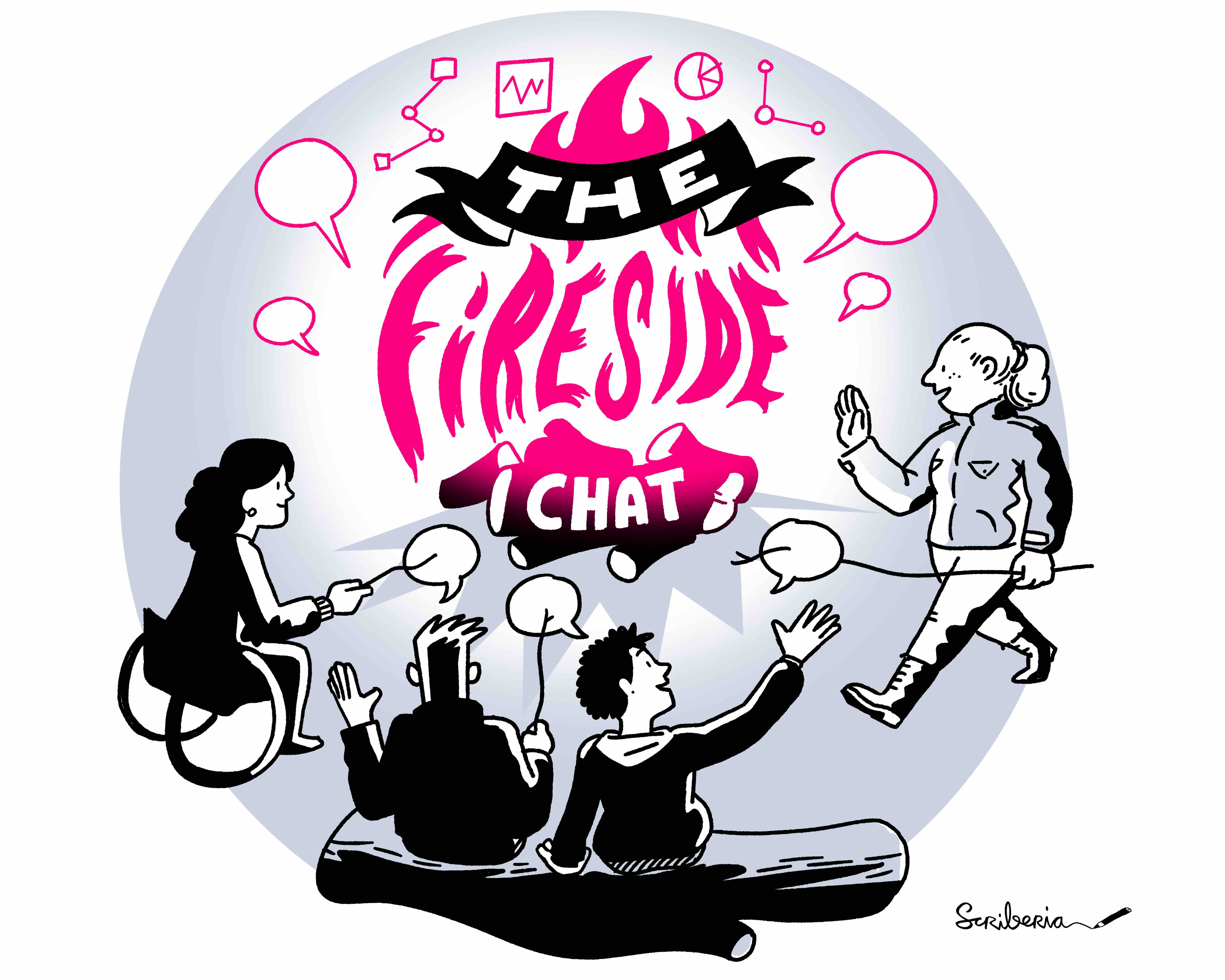 People sitting around fire and talking to each other in an informal way.